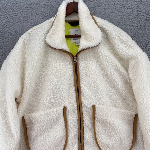 Free Assembly Coat Womens Small Ivory Beige Trim Fleece Zip Pockets Mock Neck - Picture 2 of 11